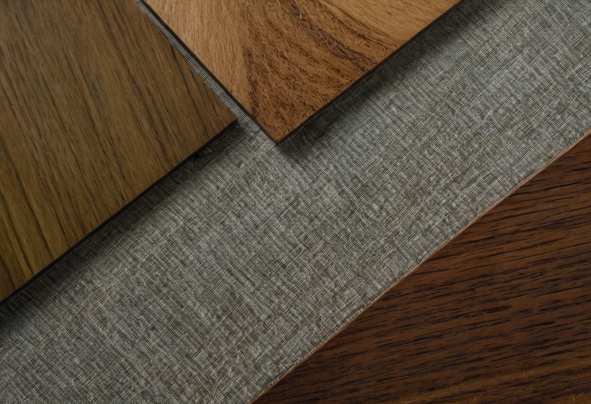 Timber veneer swatches, polished stone tiles, linen fabric and brass hardware samples laid out on an oak workbench
