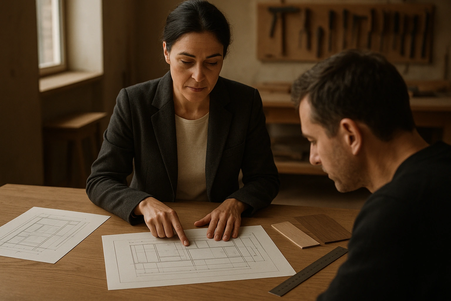 A furniture designer presenting technical shop drawings and material samples to a seated client at a workshop table