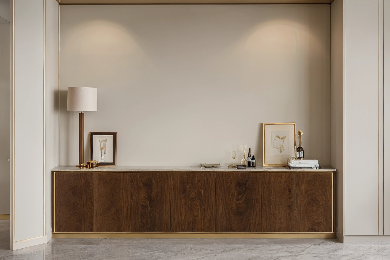 A made-to-measure walnut cabinet built into a wall alcove and fitted flush to the surrounding plaster